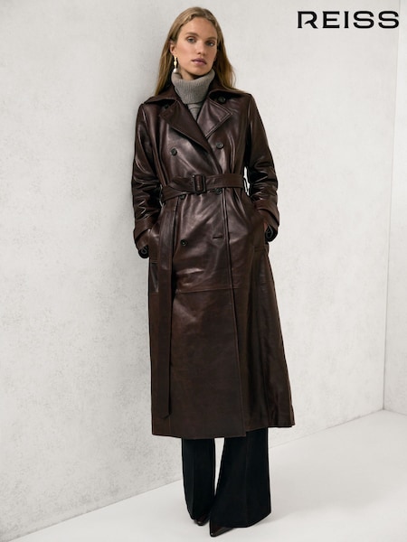 Reiss Chocolate Hattie Leather Double-Breasted Trench Coat (W89204) | €940