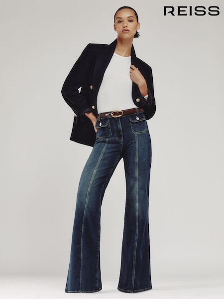 Reiss Mid Blue Glora Button-Pocket Flared Jeans (W89211) | €242