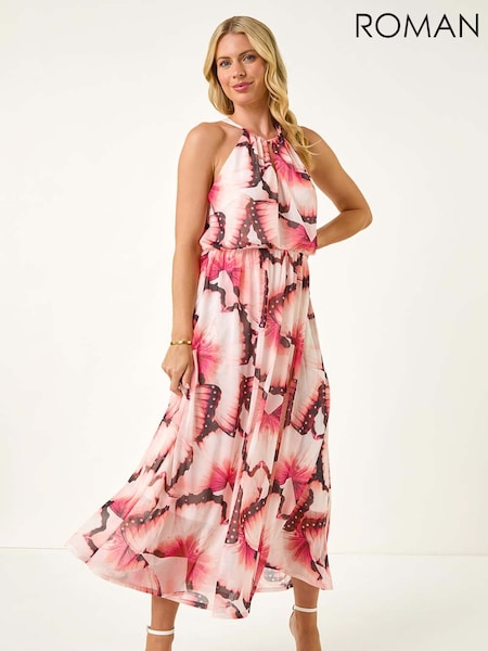 Roman Pink Petite Butterfly Halterneck Dress (W89230) | R$ 785