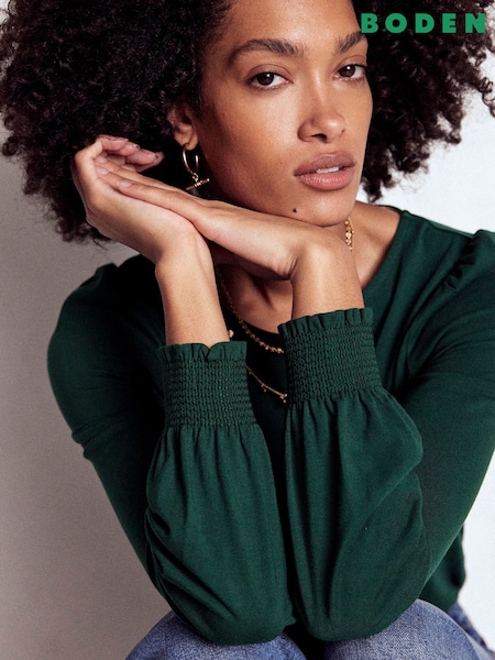 Boden Green Smocked Cuff Supersoft Top (W89419) | €56
