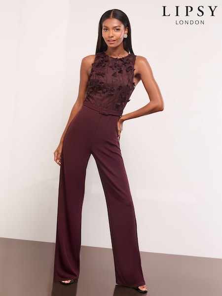 Lipsy Burgundy Red Floral 3D Textured Halter Jumpsuit (W89459) | €127.50