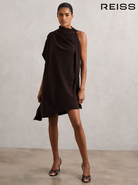 Reiss Chocolate Brown Ellery One-Shoulder Draped Mini Dress (W89622) | AED1,426