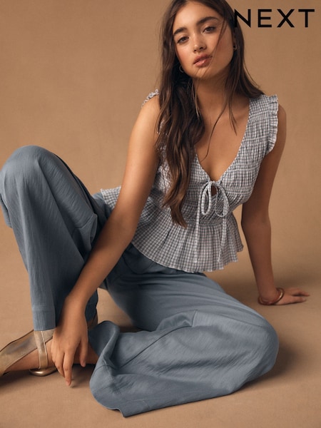 Albastru pepit - Shirred Tie Front Sleeveless Top (W89726) | 179 LEI