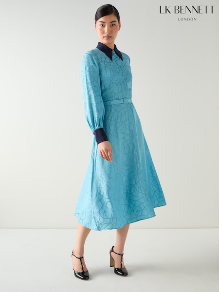 LK Bennett Blue Henri Rope Jacquard Print Silk Blend Contrast Shirt Dress (W89790) | €510