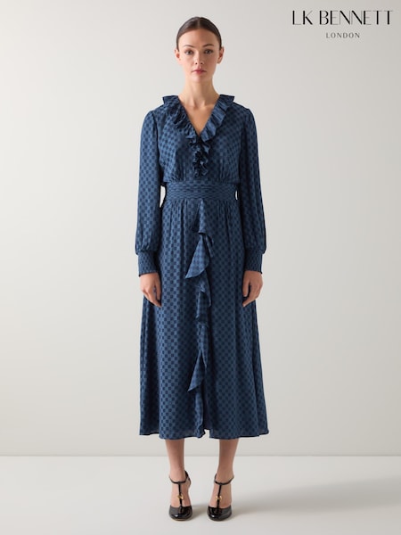 LK Bennett Blue Adriana Checkerboard Polyester Split Neckline Dress (W89792) | €381