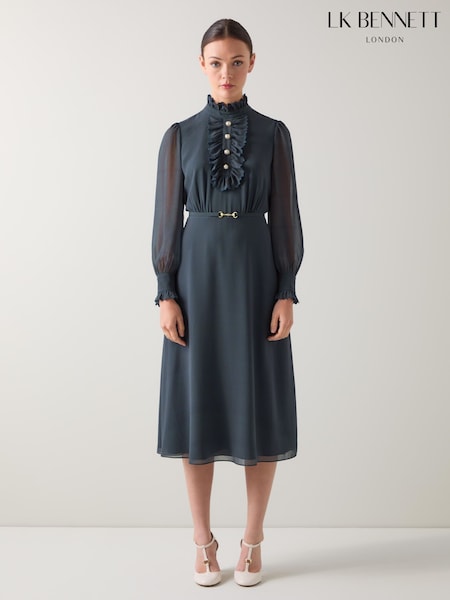 LK Bennett Blue Sadie Houndstooth Print Georgette Dress (W89801) | €396