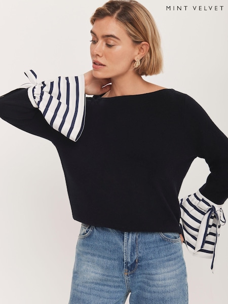 Mint Velvet Blue Cotton Blend Striped Cuff Jumper (W89909) | €126