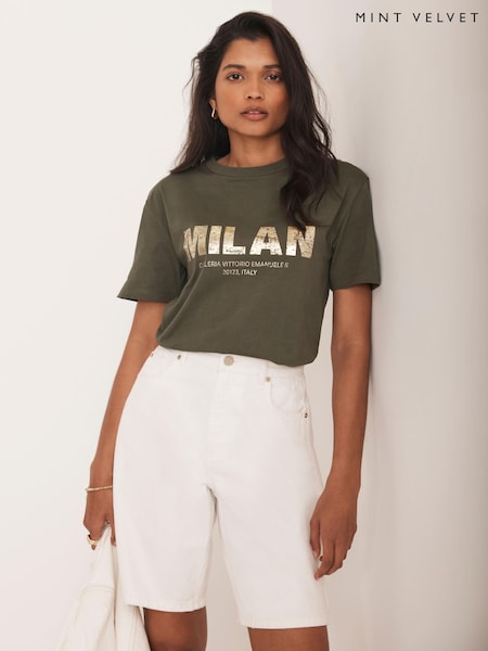 Mint Velvet Green Foil Milan Graphic Print T-Shirt (W89917) | €58