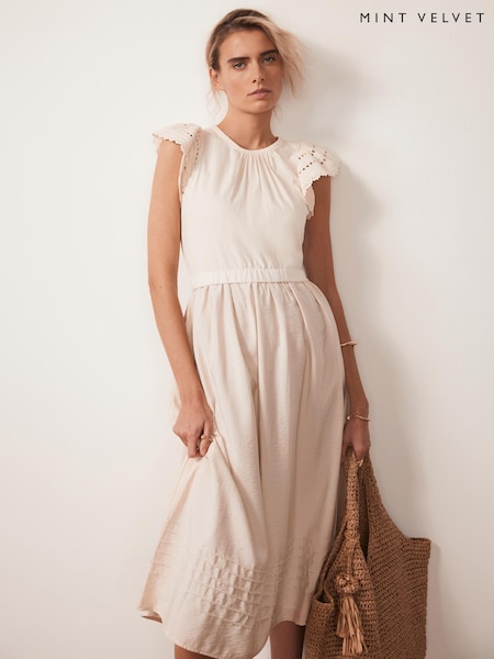 Mint Velvet Natural Crochet Trim Woven Jersey Midi Dress (W89918) | €147
