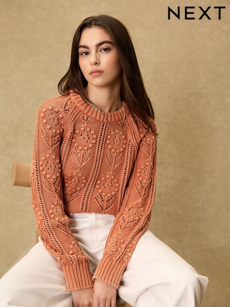 Coral Pink Washed Floral Stitch Jumper (W89945) | €70