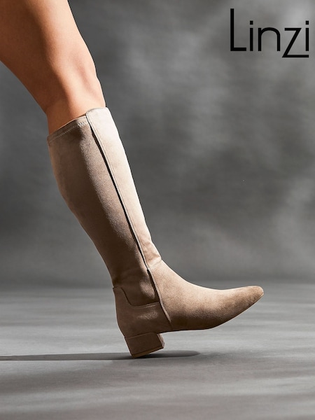 Brown - Linzi Revolve Stretch High Leg Boots With Low Block Heel
