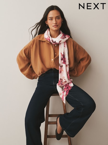 Cream/Red Floral Print Lightweight Scarf (W90065) | $26