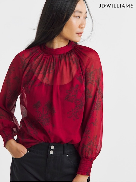 JD Williams Red Floral Print High Neck Chiffon Long Sleeve Blouse (W90439) | €47