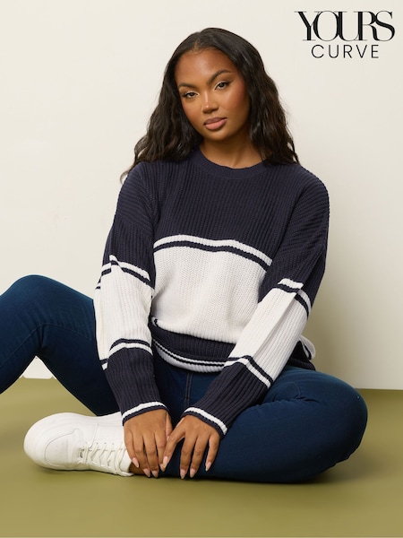 Yours Curve Blue Drop Shoulder Stripe Jumper (W90489) | €35