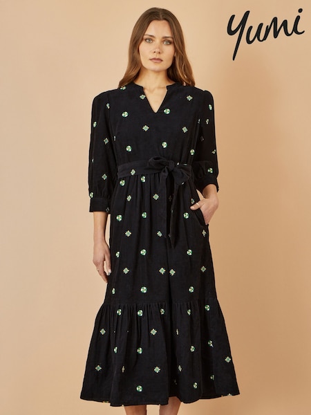 Yumi Black Flower Embroidery Midi Cord Dress (W90543) | 371 QAR