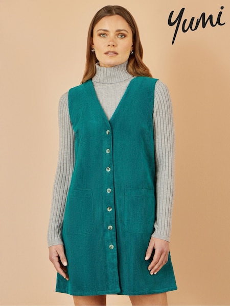 Yumi Blue Cord Button Through Pinafore Dress With Pockets (W90548) | €78
