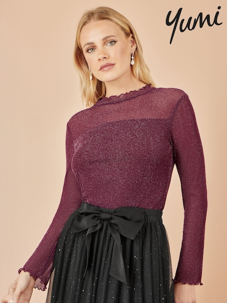 Yumi Red Shimmer Print Mesh Stretch Fitted Top (W90551) | R$ 395