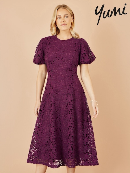 Yumi Red Stretch Lace Puff Sleeve Midi Dress (W90552) | €77