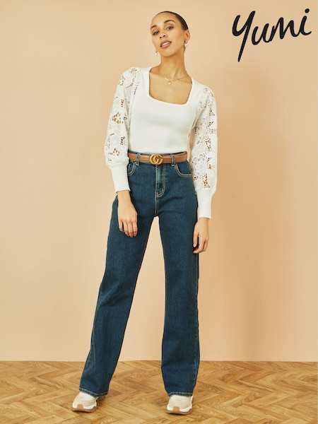Yumi White Ribbed Knitted Top With Lace Sleeves (W90554) | €63