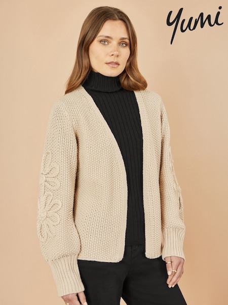 Creme - Yumi Edge to Edge Cardigan With Flower Detail Sleeves (W90558) | R$ 495