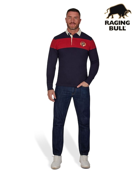 Raging Bull Blue Long Sleeve Chest Panel Rugby Shirt (W90564) | €89 - €95