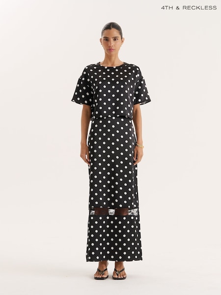 4th & Reckless Black Polka Dot Print Satin Lace Detail Maxi Skirt (W91172) | €53