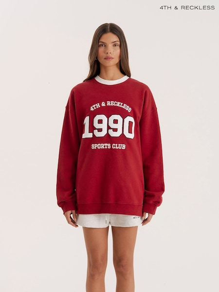 4th & Reckless Red Contrast Trim Slogan Classic Longline Sweatshirt (W91177) | €60