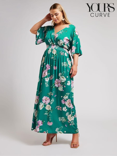 Yours Curve Green London Floral Angel Sleeve Maxi Dress (W91393) | R$ 525
