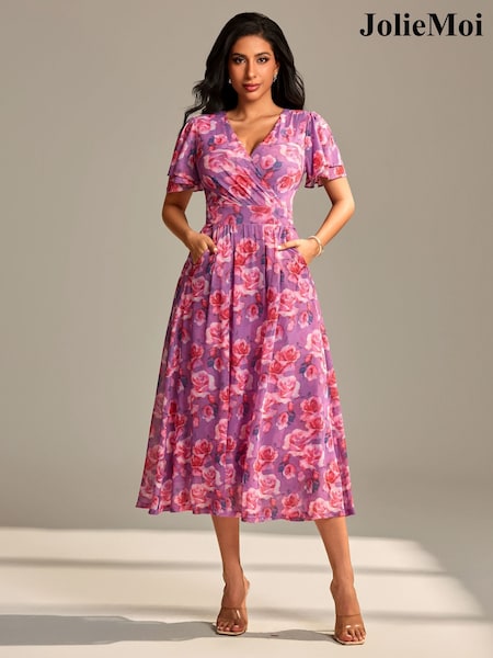 Jolie Moi Purple Flutter Sleeve Mesh Maxi Dress (W91503) | €99