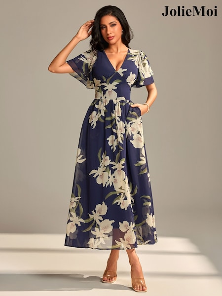 Jolie Moi Blue Layered Angel Sleeve Chiffon Maxi Dress (W91504) | €101