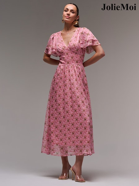 Jolie Moi Pink Layered Angel Sleeve Chiffon Maxi Dress (W91505) | €101