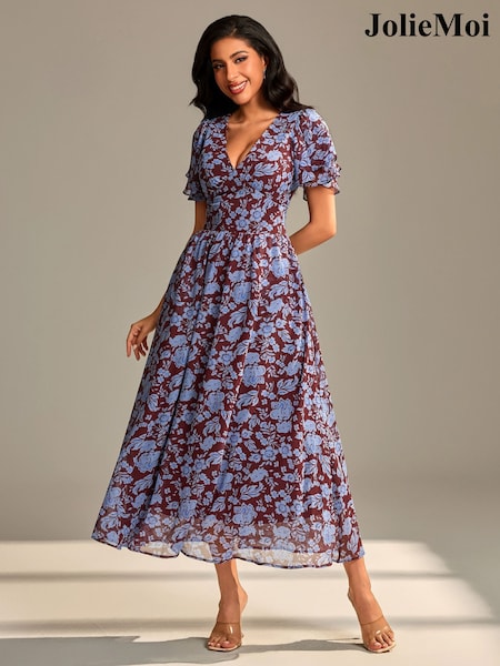 Jolie Moi Brown Layered Angel Sleeve Chiffon Maxi Dress (W91510) | €101