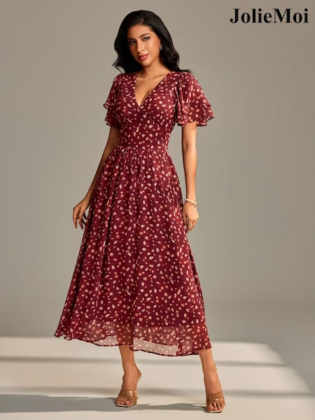 Jolie Moi Brown Layered Angel Sleeve Chiffon Maxi Dress (W91520) | €101