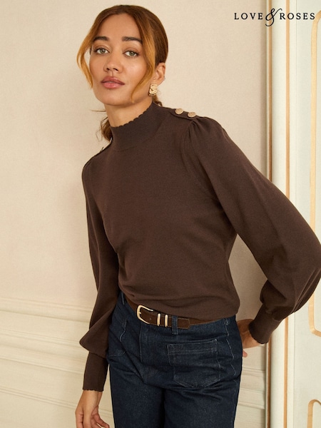 Love & Roses Chocolate Brown Button Shoulder High Neck Fine Gauge Jumper (W91585) | R$ 345