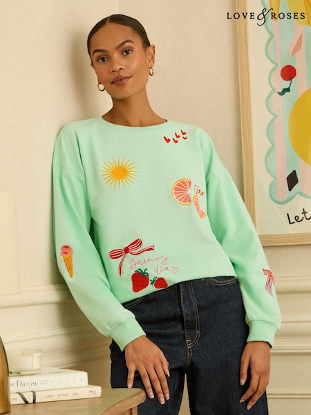 Love & Roses Aqua Blue Embroidered Sweat Top (W91908) | LEI 268