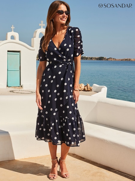 Sosandar Blue Spot Print Belted Faux Wrap Dress (W91932) | €95