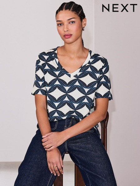 Blue Print Cotton Modal Slouch V-Neck T-Shirt (W92019) | $24