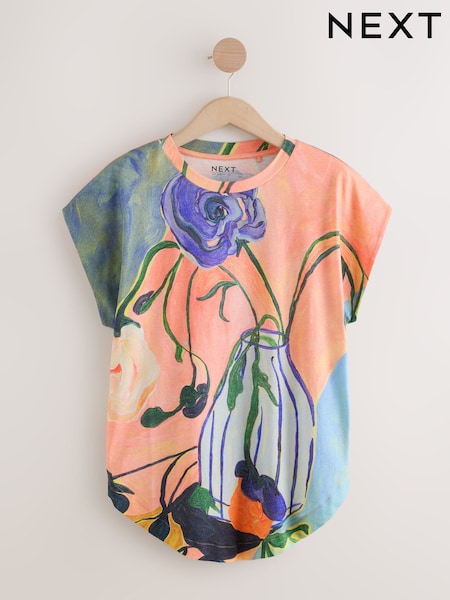 Blue/Orange Floral Cap Sleeve TENCEL™ Modal Blend T-Shirt (W92040) | 85 zł