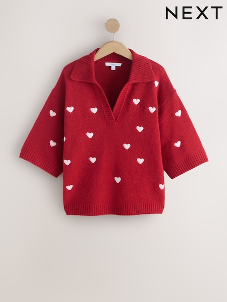 רקמת לב בצבע אדום - Open Collar Polo Half Sleeve Jumper With Wool (W92066) | ‏127‏₪