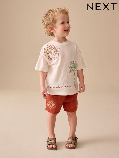 צבע בז' עם רקמת דקלים - Short Sleeve T-Shirt and Shorts Set (3mths-7yrs) (W92283) | ‏55‏₪ - ‏71‏ ₪