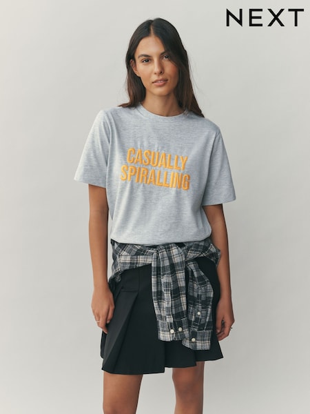 Grey Embroidered Graphic - Heavyweight Short Sleeve Crew Neck T-Shirt (W92343) | ‏102 ر.س.‏