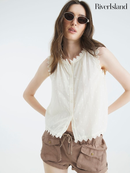 River Island Cream Broderie Trim Shirt Tops (W92399) | 124 QAR
