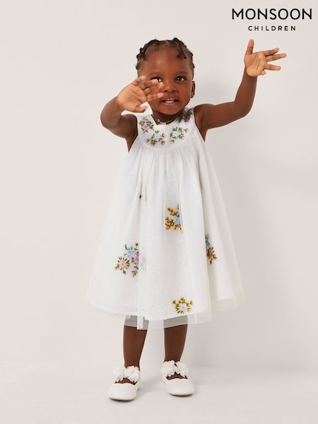 Monsoon Natural Baby Aria Floral Print Broderie Dress (W92458) | OMR21 - OMR22