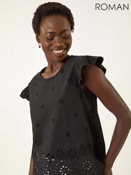 Roman Black Broderie Hem Stretch Blouse (W92627) | €46