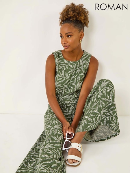 Roman Leaf Print Linen Mix Wide Leg Trousers (W92632) | R$ 485
