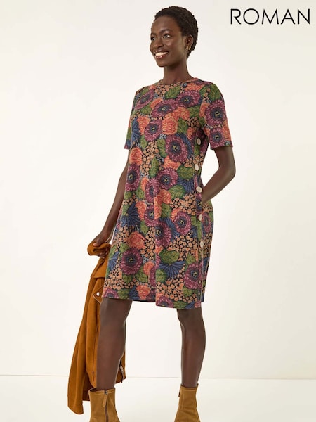 Roman Floral Print Shift Buttoned Dress (W92636) | R$ 545