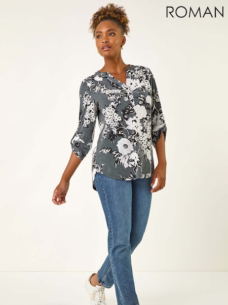 Roman Grey Floral Print Puff Print Stretch Blouse (W92642) | €53