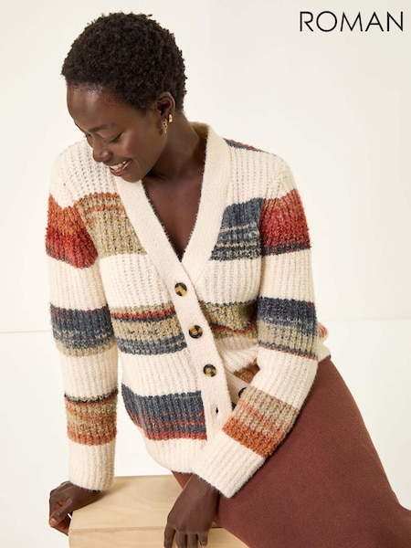 Roman White Stripe Buttoned Knit Cardigan (W92684) | OMR31