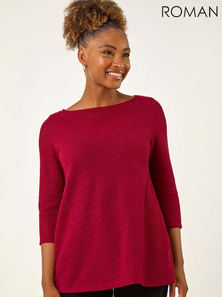 Vermelho - Roman Crochet Knit Tunic Stretch Top (W92686) | R$ 435