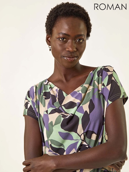 Roman Grey Geometric Leaf Print Cowl Neck Blouse (W92702) | €45